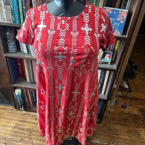 Lularoe Carly red shimmery silver elegant high low XS dress